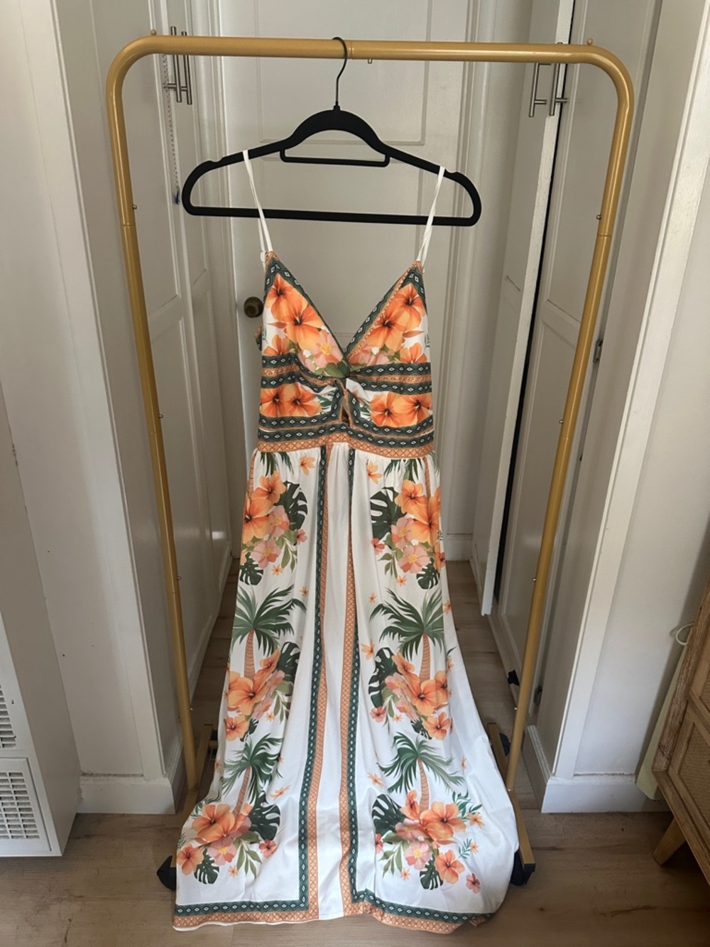 Cupshe White Maxi Dress with Orange Floral & Green Leaf Print